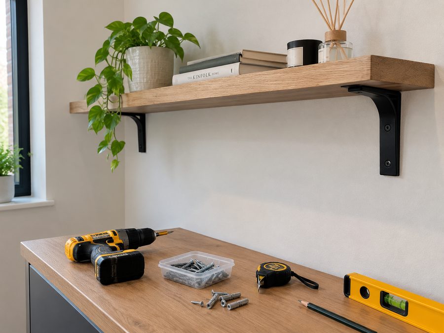 Oak shelf fitted to a wall on black brackets, with drill, fixings and spirit level